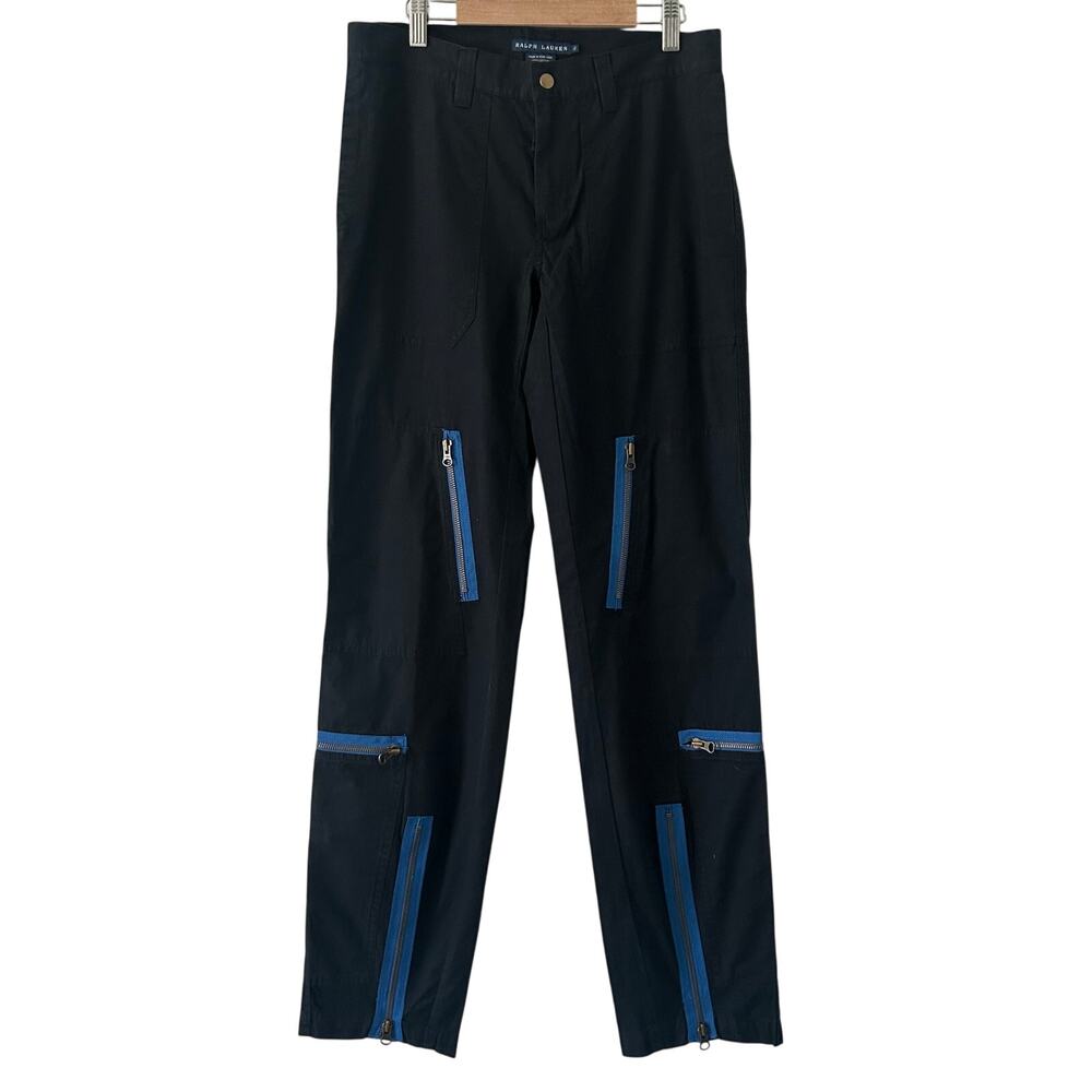 Ralph Lauren Women's Cargo Weather Black Contrast Blue Zippers Pants Size 2